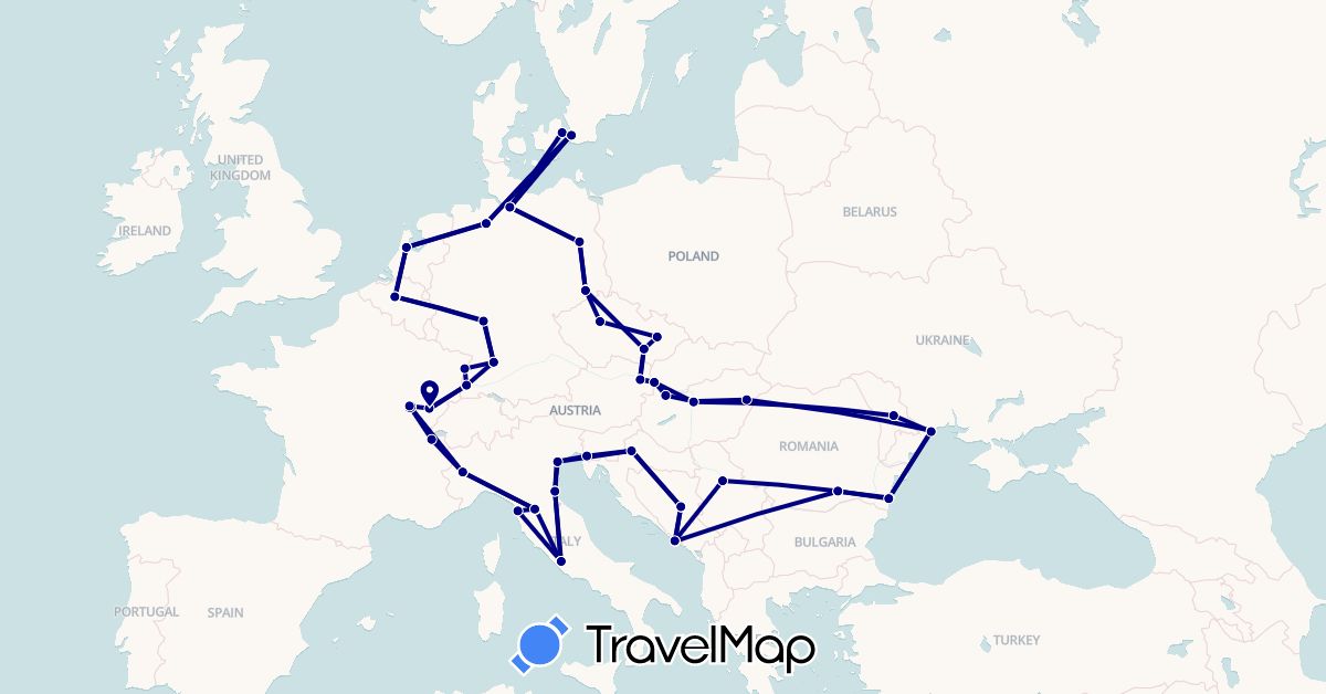 TravelMap itinerary: driving in Austria, Bosnia and Herzegovina, Belgium, Switzerland, Czech Republic, Germany, Denmark, France, Croatia, Hungary, Italy, Moldova, Netherlands, Romania, Serbia, Sweden, Slovakia, Ukraine (Europe)